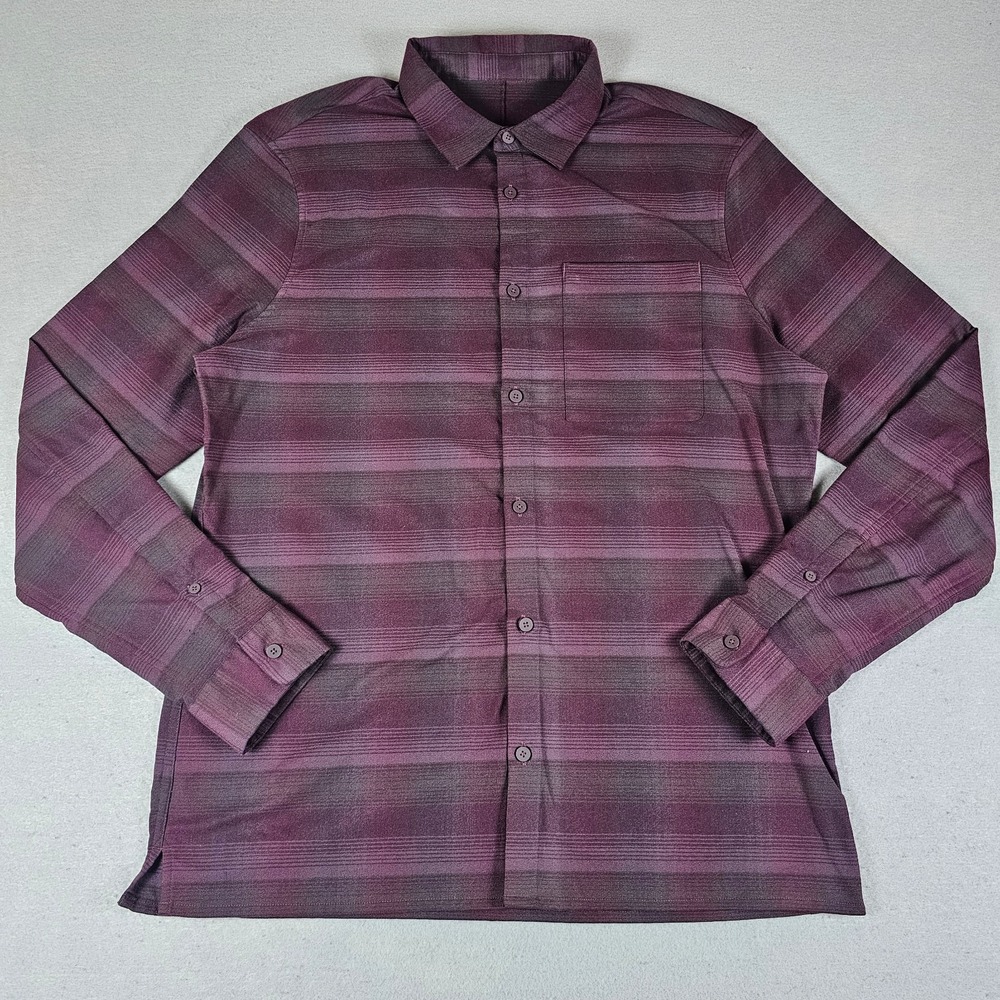 Lululemon Masons Peak Flannel Shirt Mens Large Burgundy Purple Plaid Zip Pocket